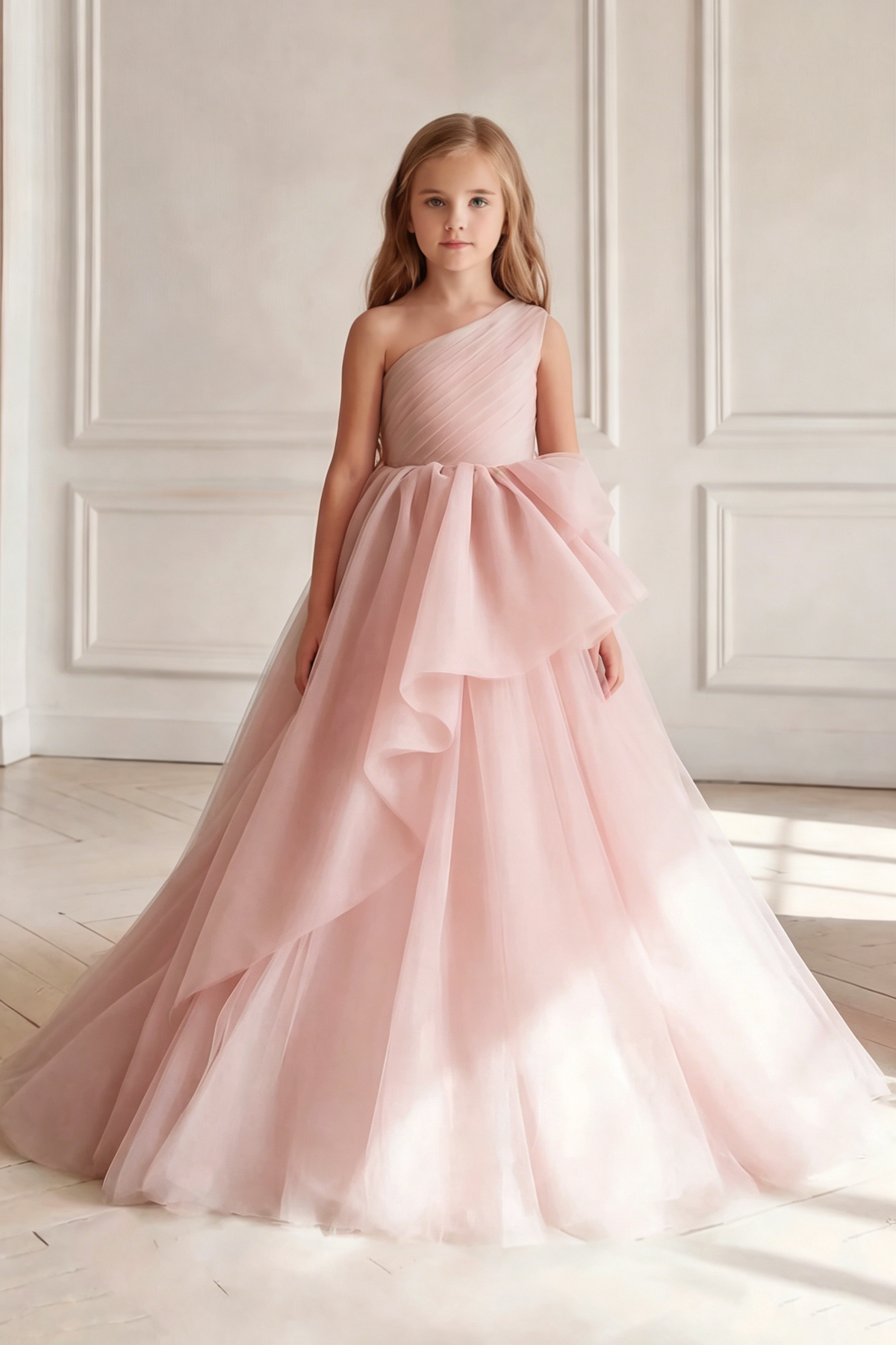 Light Pink Mesh One-Shoulder Fitted Waist Long Dress