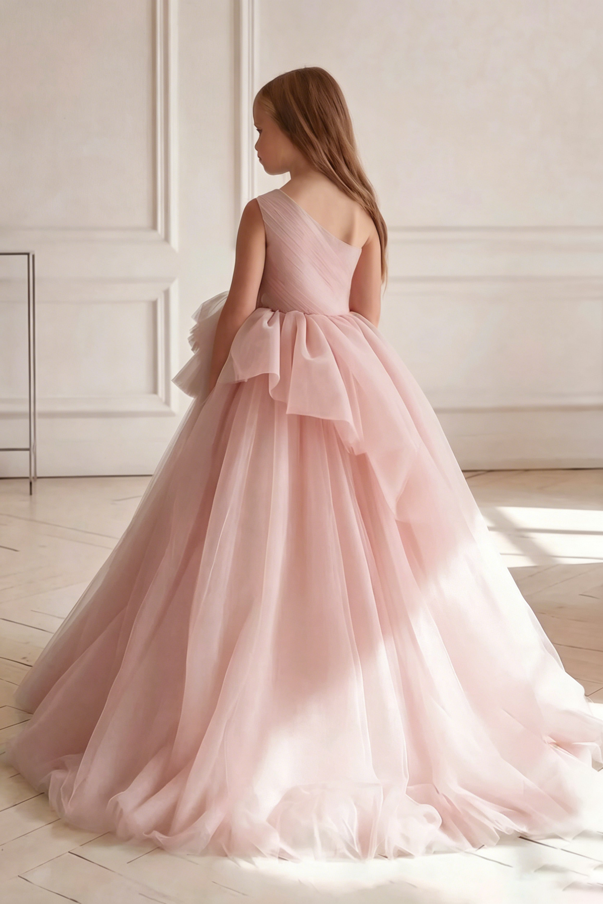 Light Pink Mesh One-Shoulder Fitted Waist Long Dress