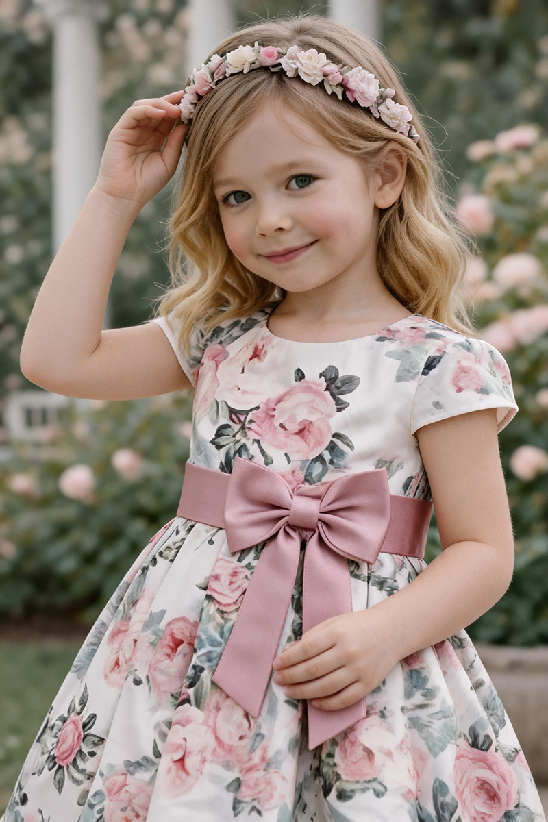 Girls Floral Print Satin Dress with Pink Bow Sash for Wedding