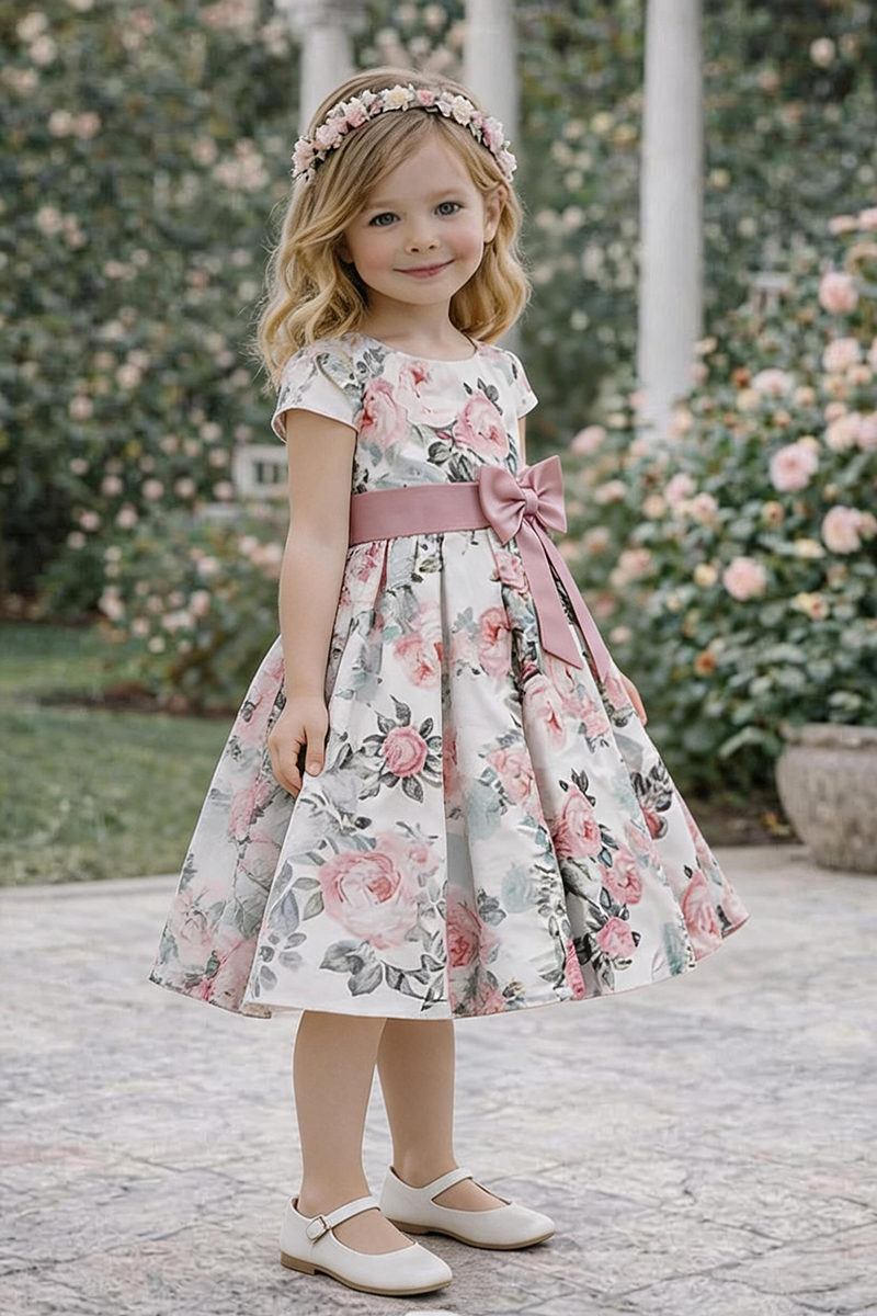Girls Floral Print Satin Dress with Pink Bow Sash for Wedding