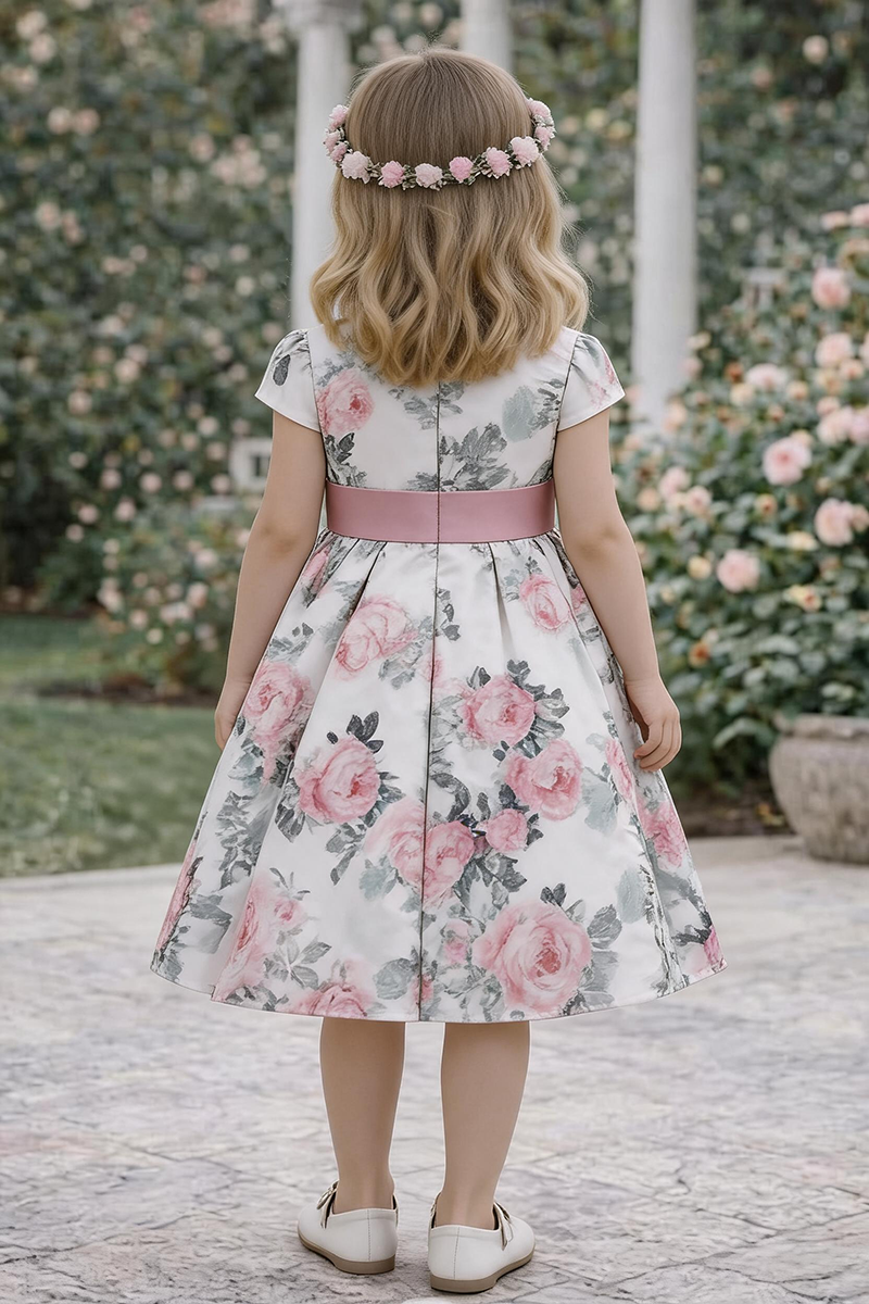 Girls Floral Print Satin Dress with Pink Bow Sash for Wedding