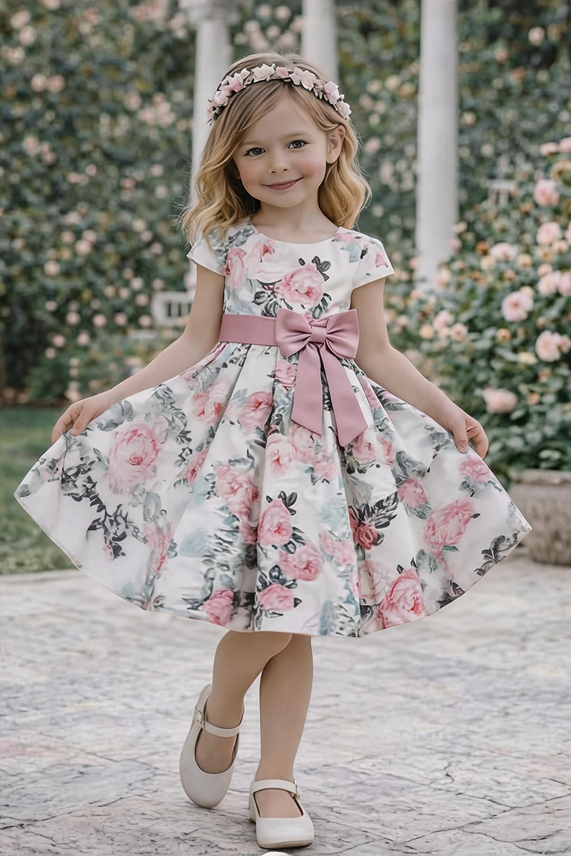 Girls Floral Print Satin Dress with Pink Bow Sash for Wedding