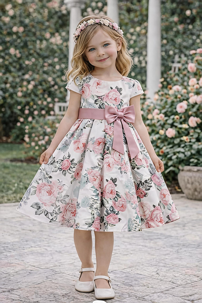 Girls Floral Print Satin Dress with Pink Bow Sash for Wedding