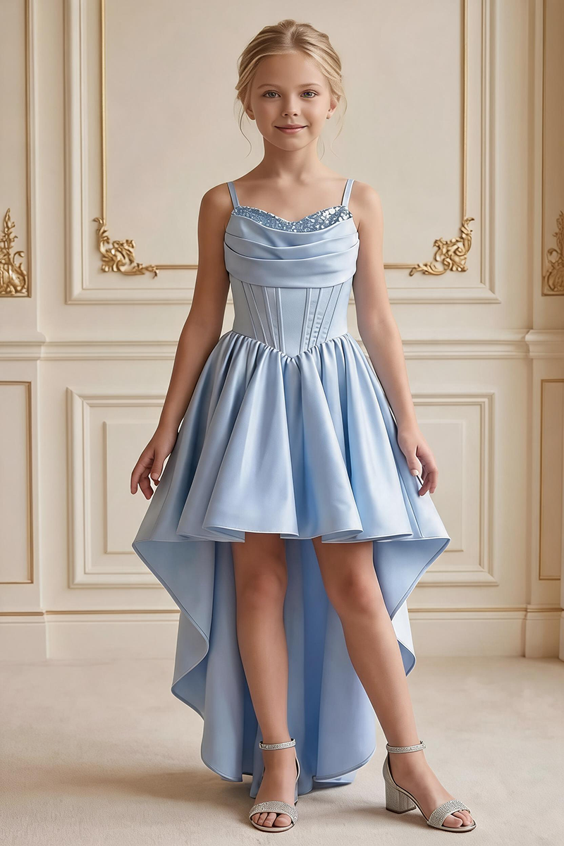 Girls Light Blue Satin High Low Corset Dress for Wedding