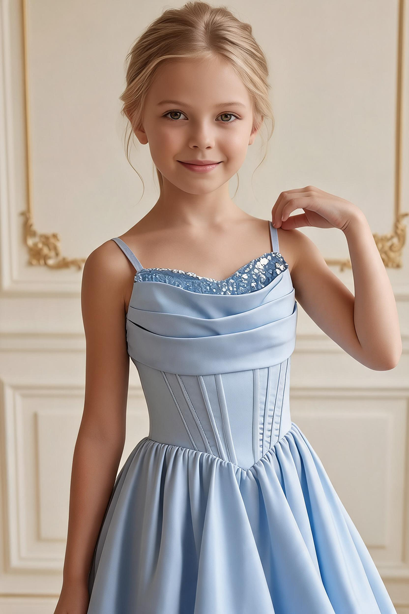 Girls Light Blue Satin High Low Corset Dress for Wedding