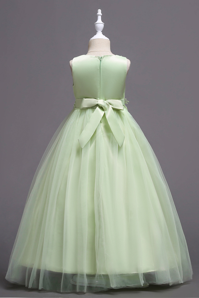 Light Green Lace Embroidered Mesh Round Neck A-line Dress