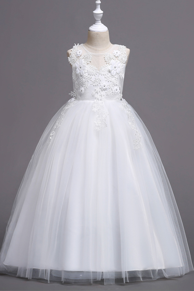 Light Green Lace Embroidered Mesh Round Neck A-line Dress