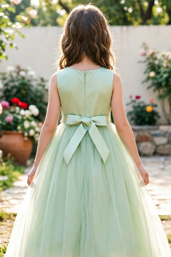 Light Green Lace Embroidered Mesh Round Neck A-line Dress