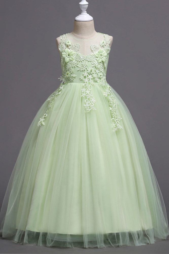 Light Green Lace Embroidered Mesh Round Neck A-line Dress