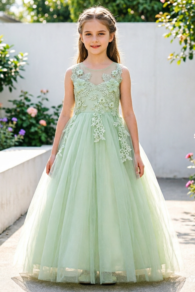 Light Green Lace Embroidered Mesh Round Neck A-line Dress