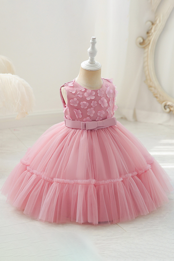 Light Yellow Round Neck Floral Bow Mesh Puff Dress