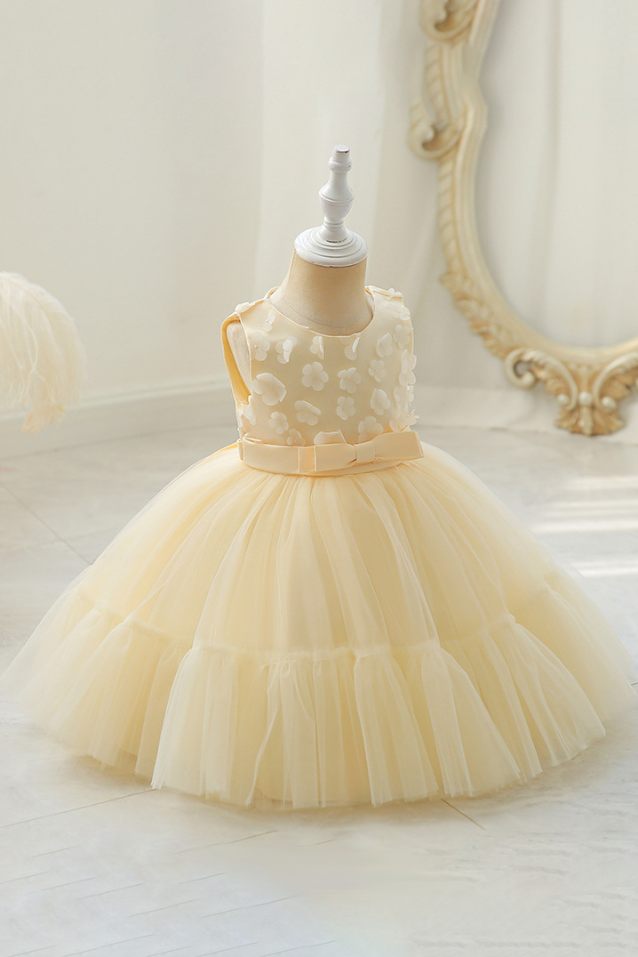 Light Yellow Round Neck Floral Bow Mesh Puff Dress