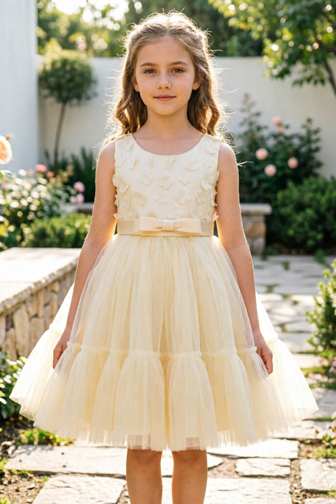 Light Yellow Round Neck Floral Bow Mesh Puff Dress
