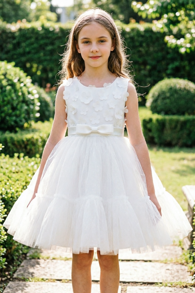 Light Yellow Round Neck Floral Bow Mesh Puff Dress