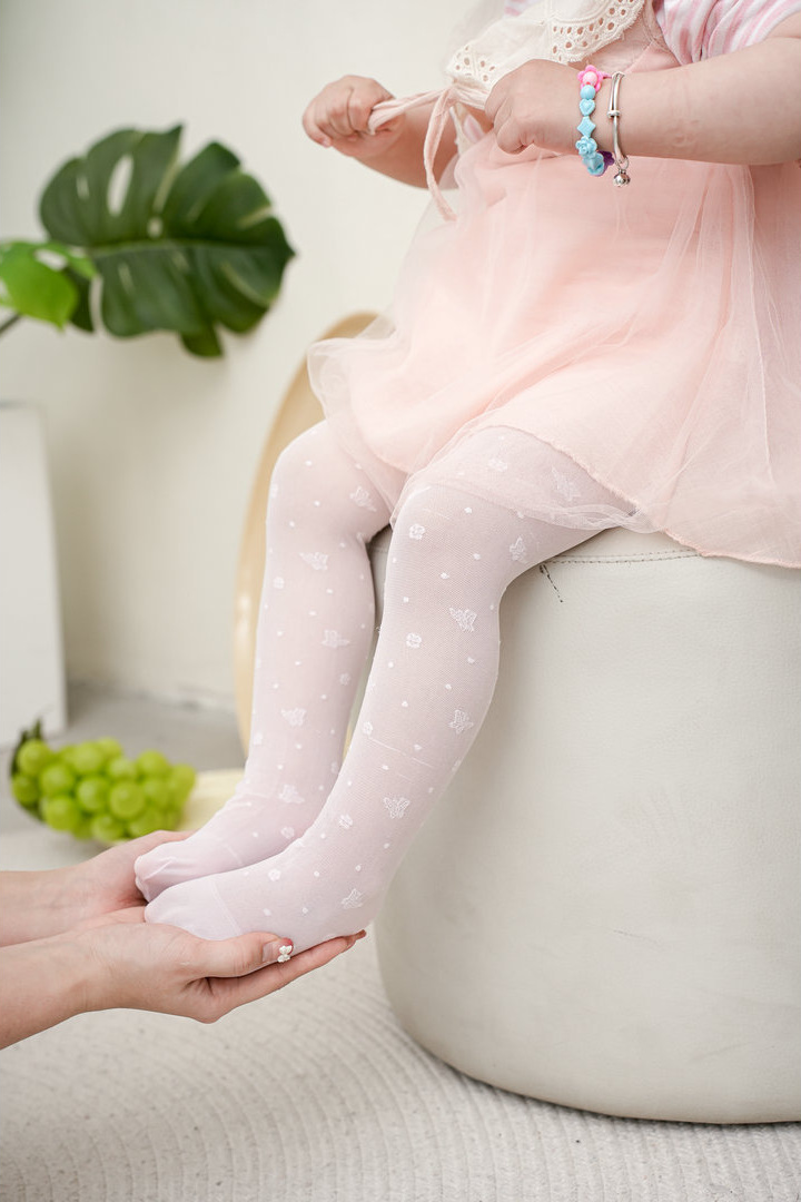 Light Pink Butterfly Dot Jacquard Tights Summer Anti Mosquito Sheer Panty Hose