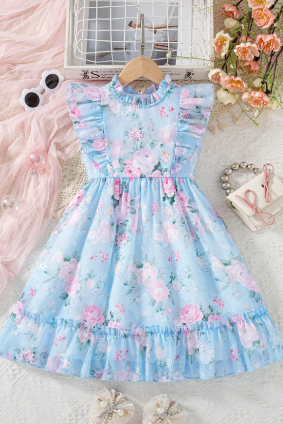Sky-Blue Chiffon Floral-Print A-Line Dress