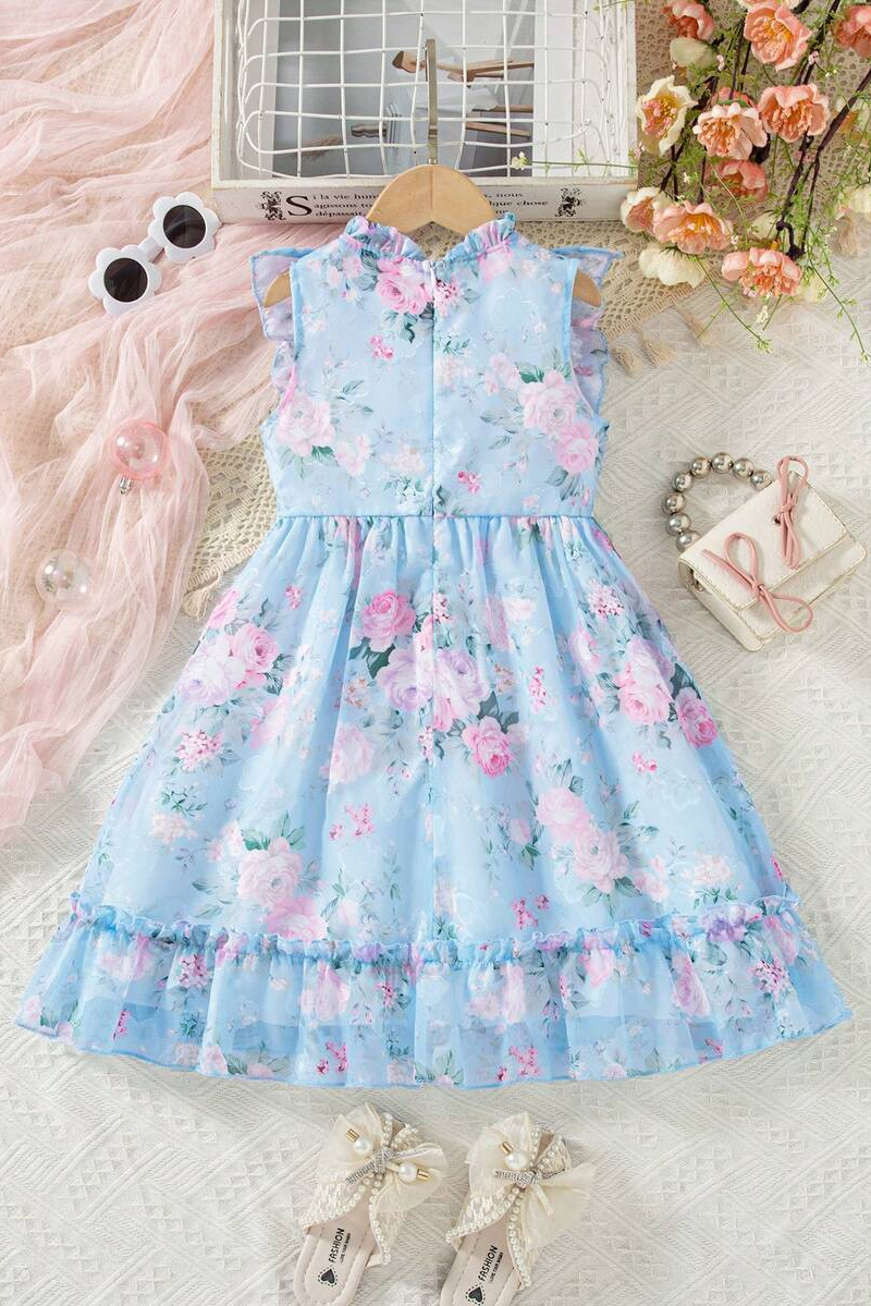 Sky-Blue Chiffon Floral-Print A-Line Dress