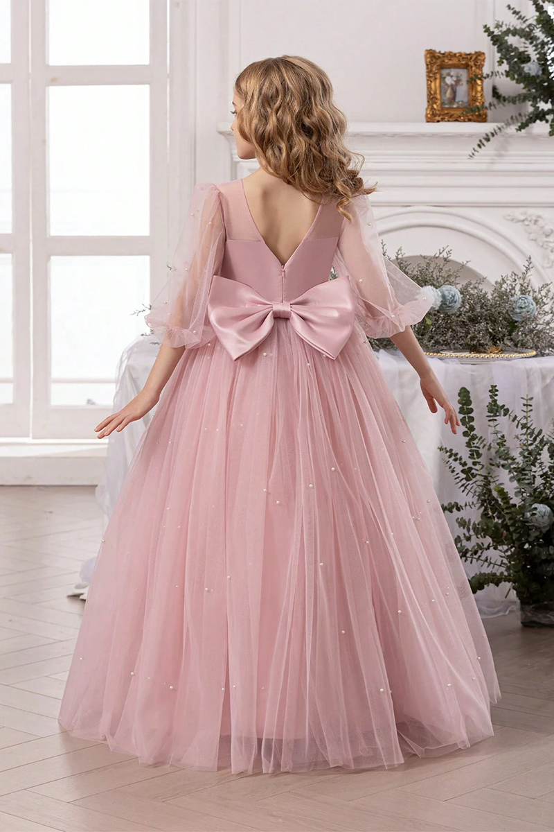 Girls Blush Pearl Tulle Floor-Length Gown with Back Bow for Wedding
