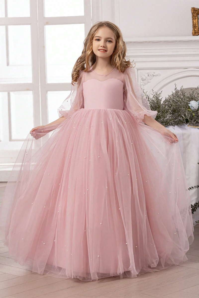 Girls Blush Pearl Tulle Floor-Length Gown with Back Bow for Wedding