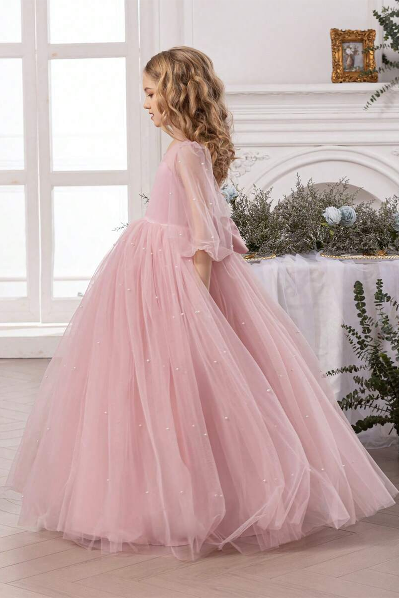 Girls Blush Pearl Tulle Floor-Length Gown with Back Bow for Wedding