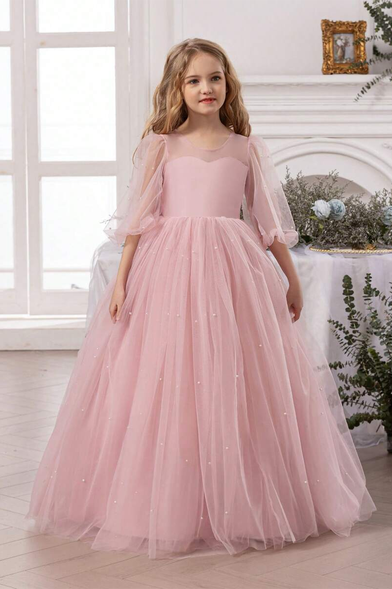 Girls Blush Pearl Tulle Floor-Length Gown with Back Bow for Wedding