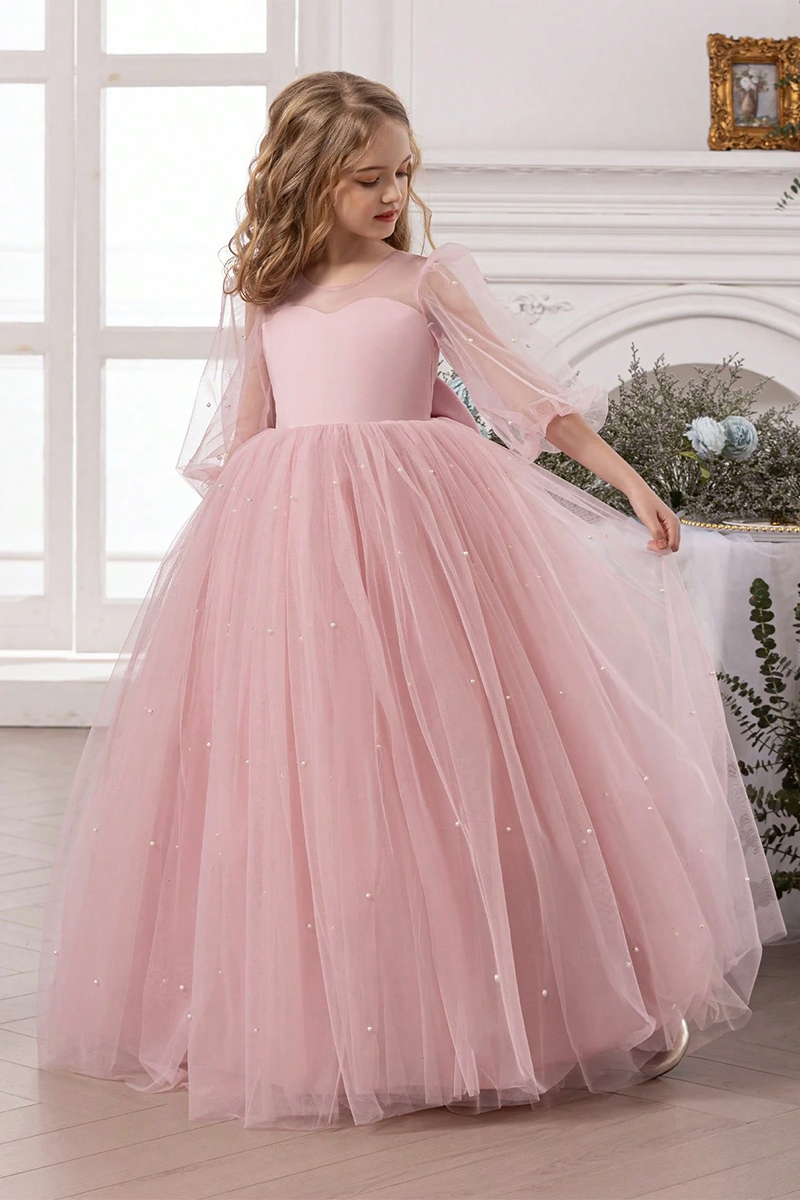 Girls Blush Pearl Tulle Floor-Length Gown with Back Bow for Wedding