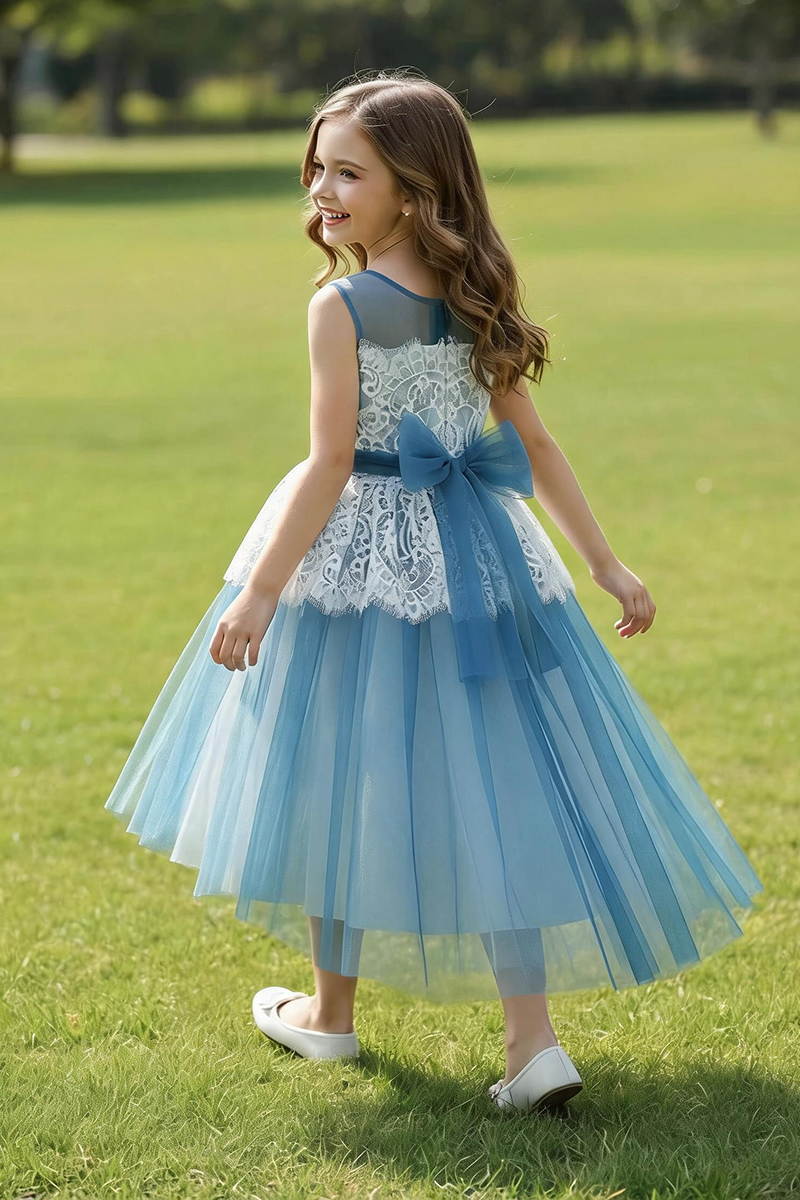 Girls Blue Lace High Low Tulle Dress with Floral Sash for Wedding