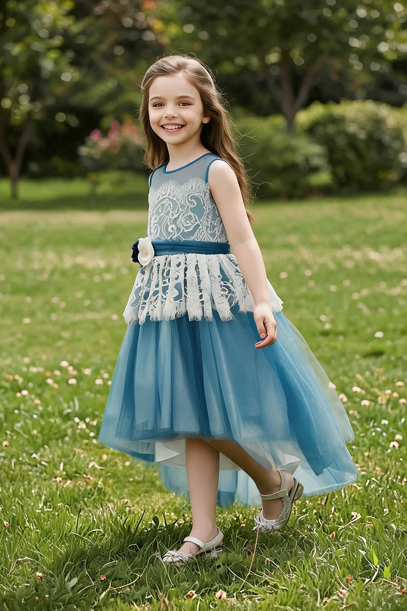Girls Blue Lace High Low Tulle Dress with Floral Sash for Wedding