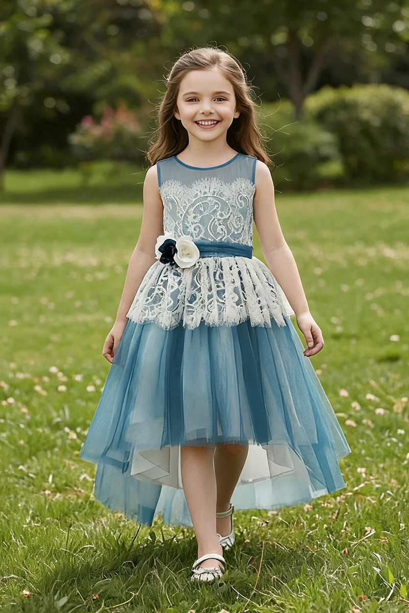 Girls Blue Lace High Low Tulle Dress with Floral Sash for Wedding