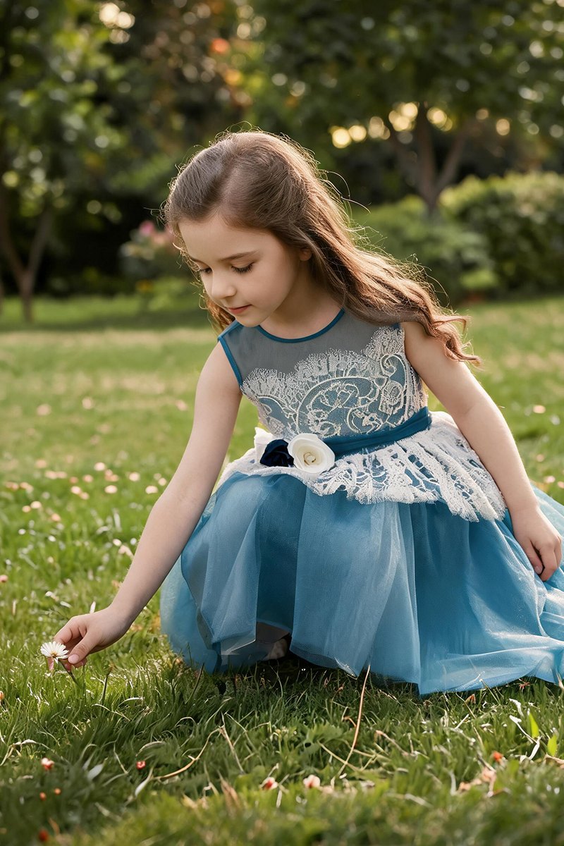 Girls Blue Lace High Low Tulle Dress with Floral Sash for Wedding