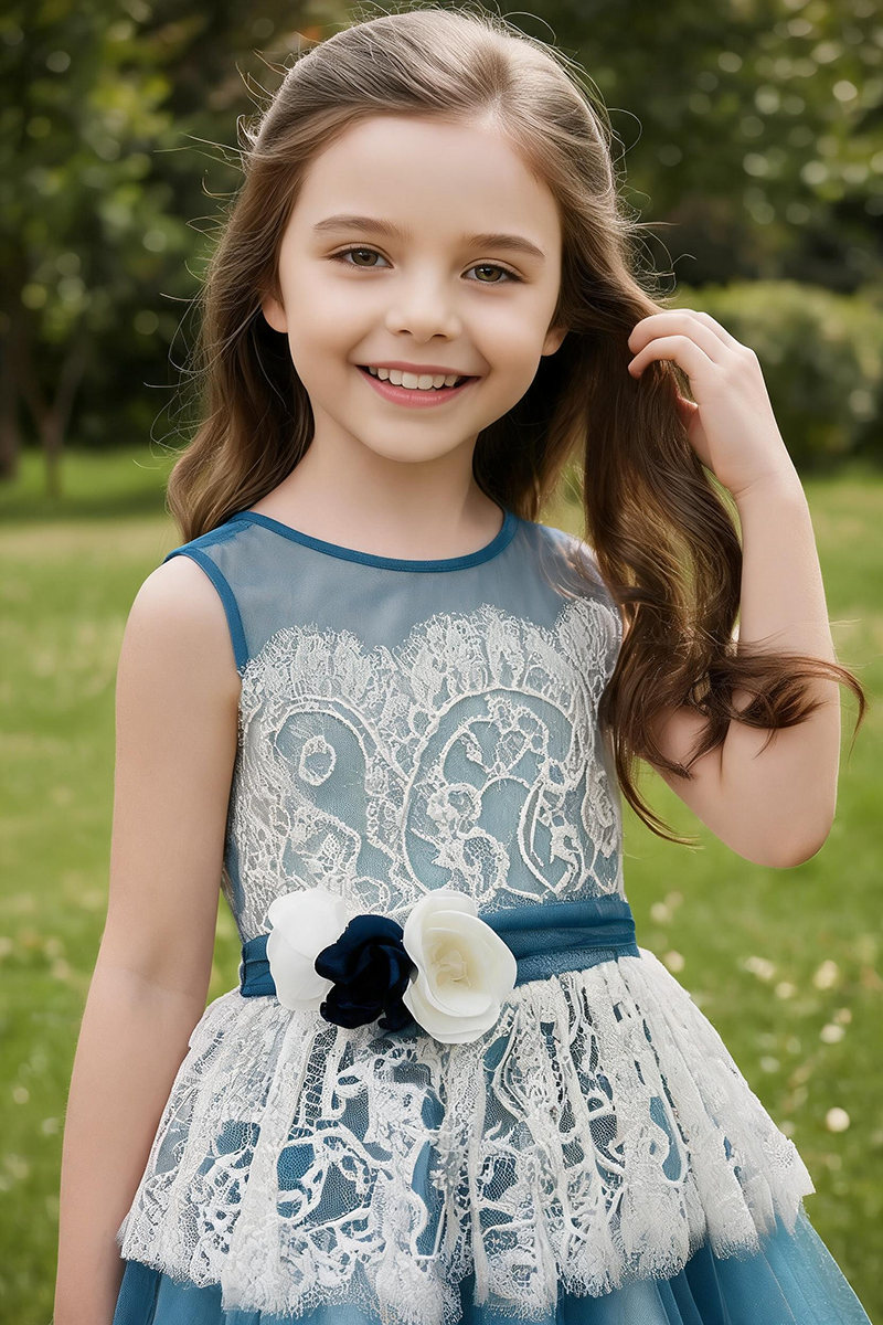 Girls Blue Lace High Low Tulle Dress with Floral Sash for Wedding