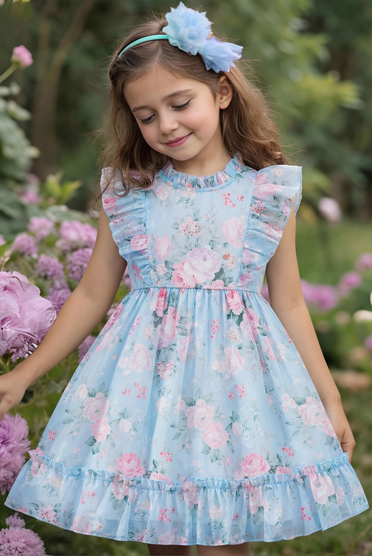 Sky-Blue Chiffon Floral-Print A-Line Dress