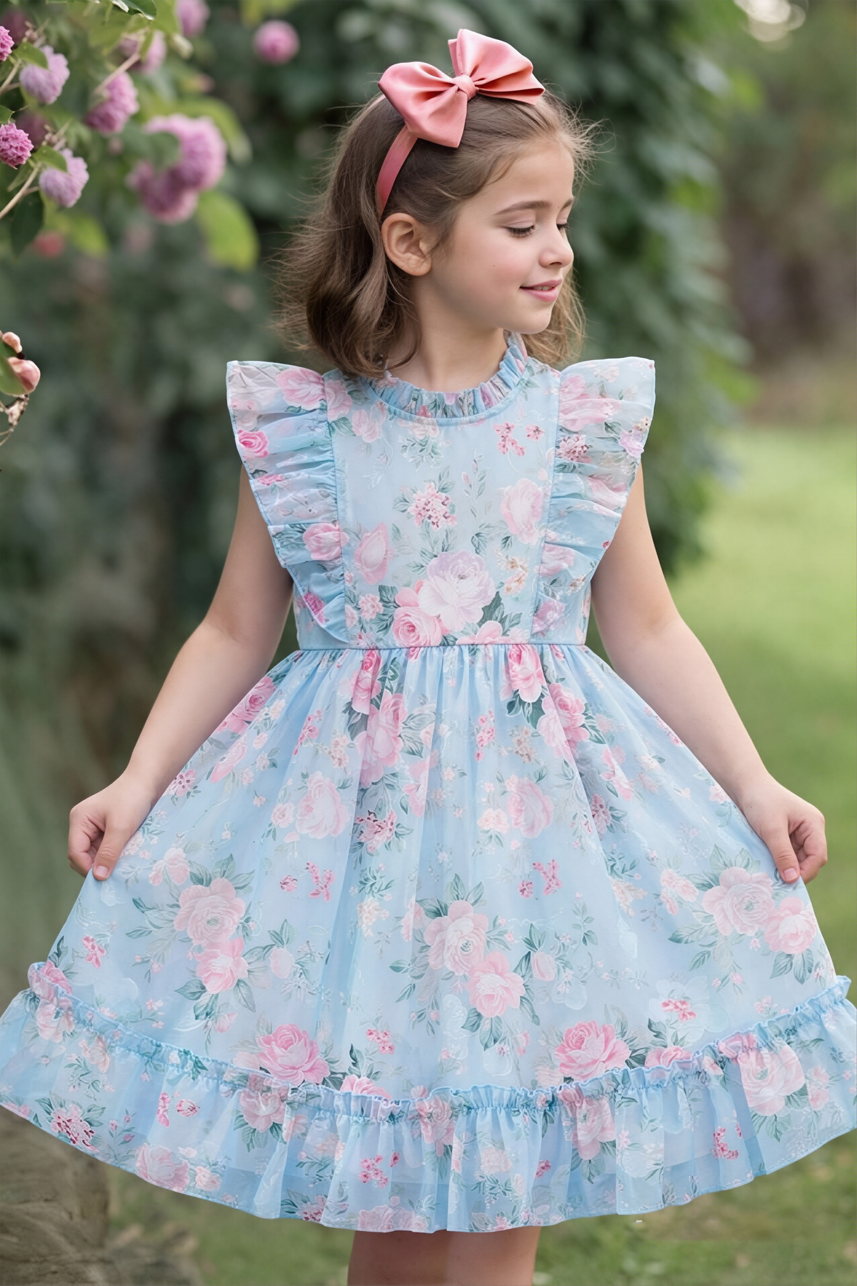 Sky-Blue Chiffon Floral-Print A-Line Dress