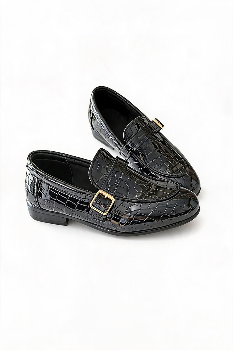 Boys Black Croc Embossed Buckle Loafers for Weddings & Formal Events