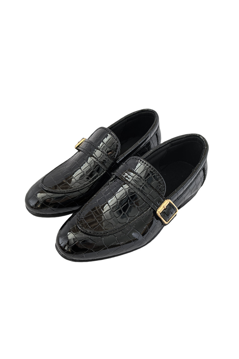 Boys Black Croc Embossed Buckle Loafers for Weddings & Formal Events