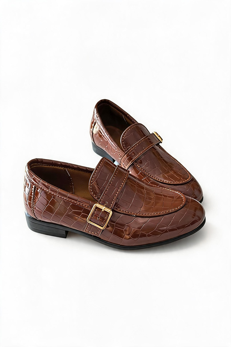 Boys Black Croc Embossed Buckle Loafers for Weddings & Formal Events