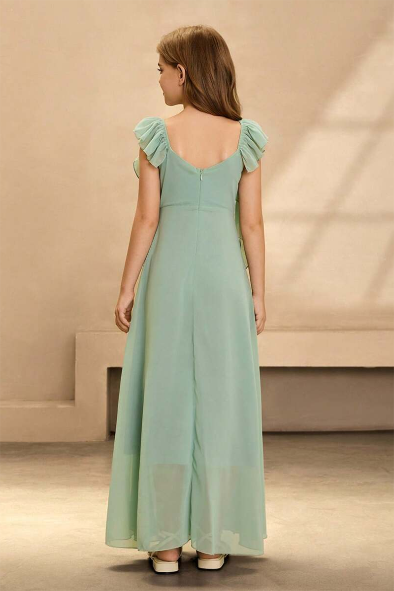 Girls Sage Chiffon Ruffled Floor-Length Gown for Wedding Formal Events