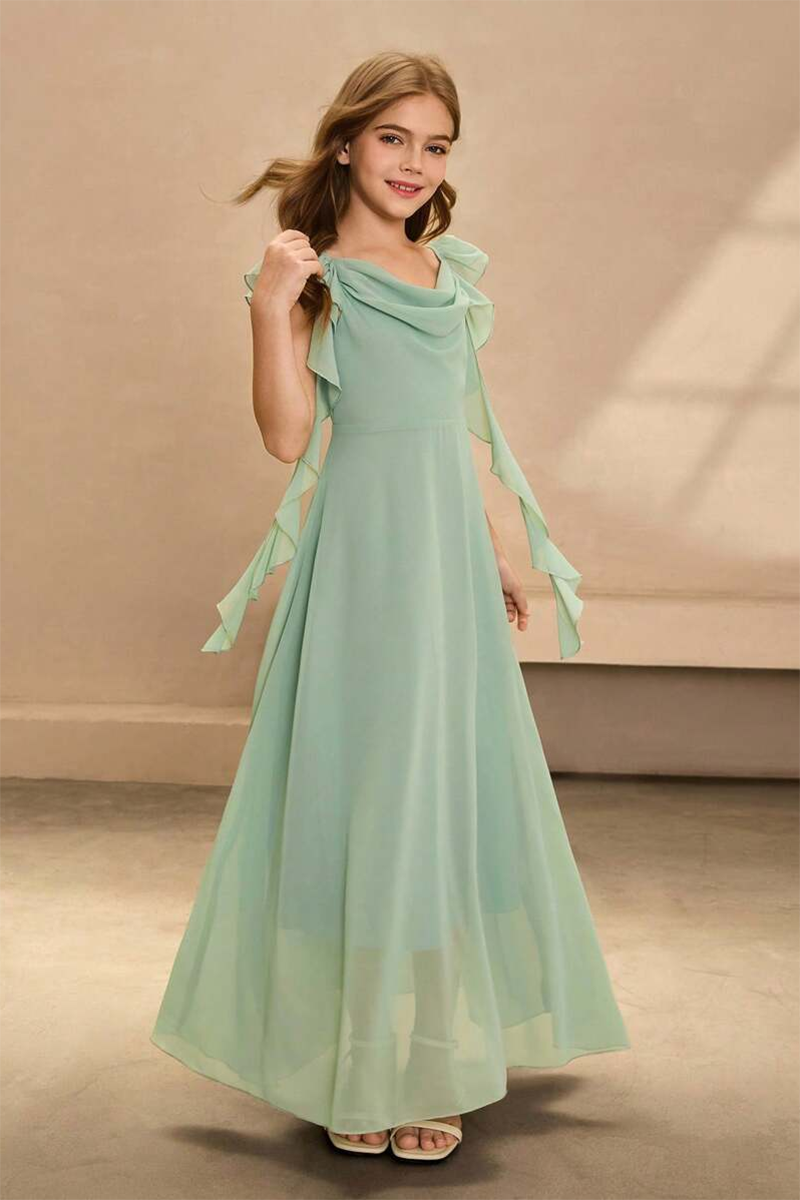 Girls Sage Chiffon Ruffled Floor-Length Gown for Wedding Formal Events