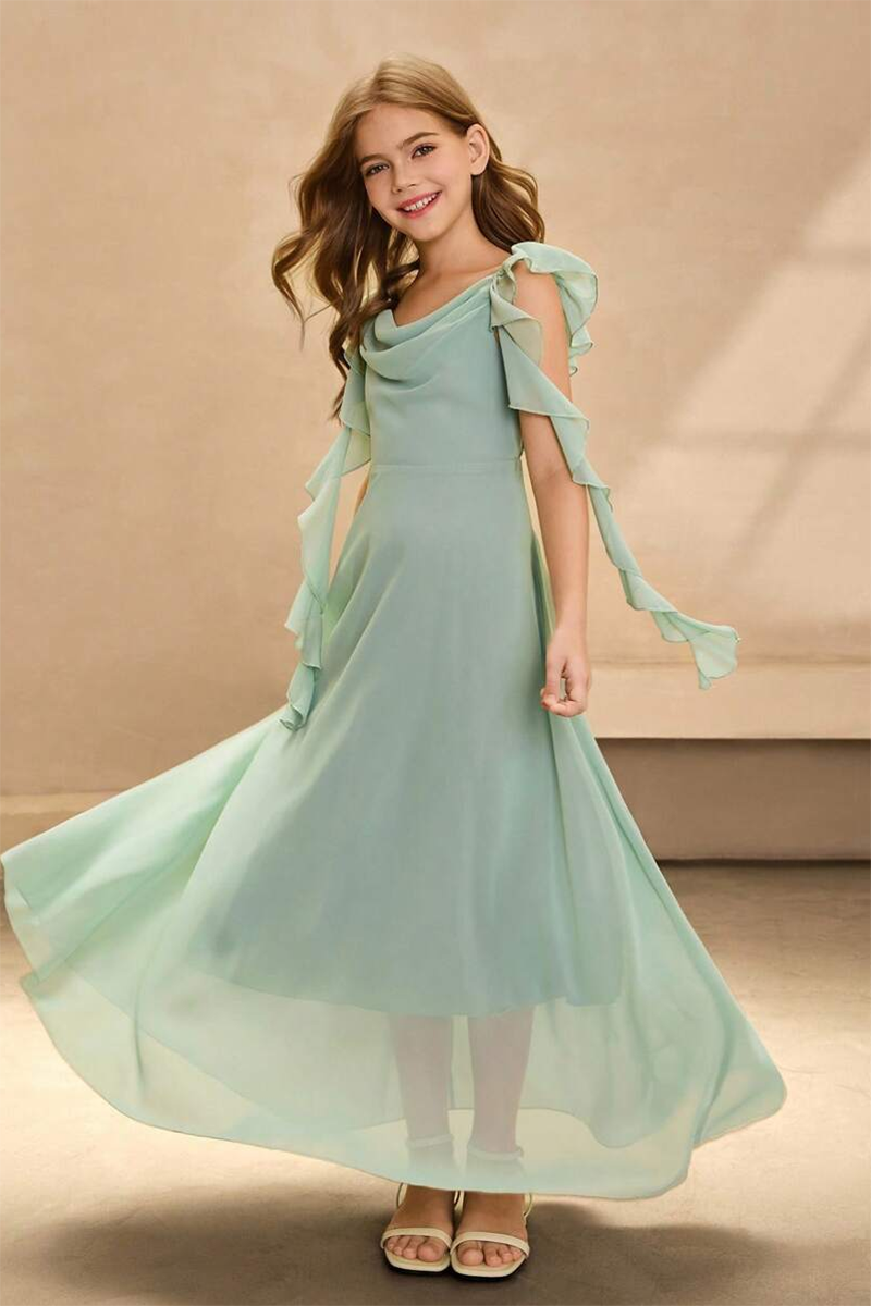 Girls Sage Chiffon Ruffled Floor-Length Gown for Wedding Formal Events