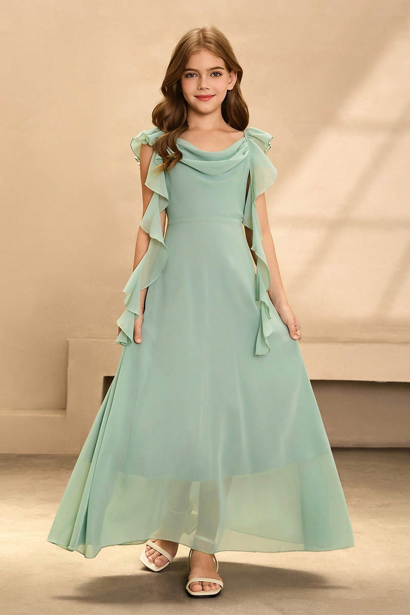 Girls Sage Chiffon Ruffled Floor-Length Gown for Wedding Formal Events