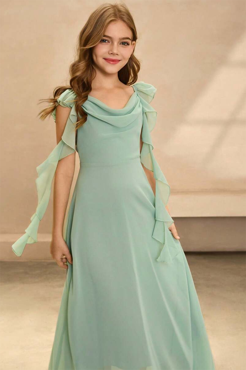 Girls Sage Chiffon Ruffled Floor-Length Gown for Wedding Formal Events