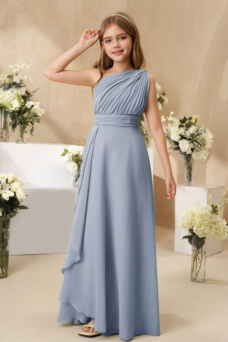 Girls Dusty Blue One Shoulder Chiffon Full-Length Dress