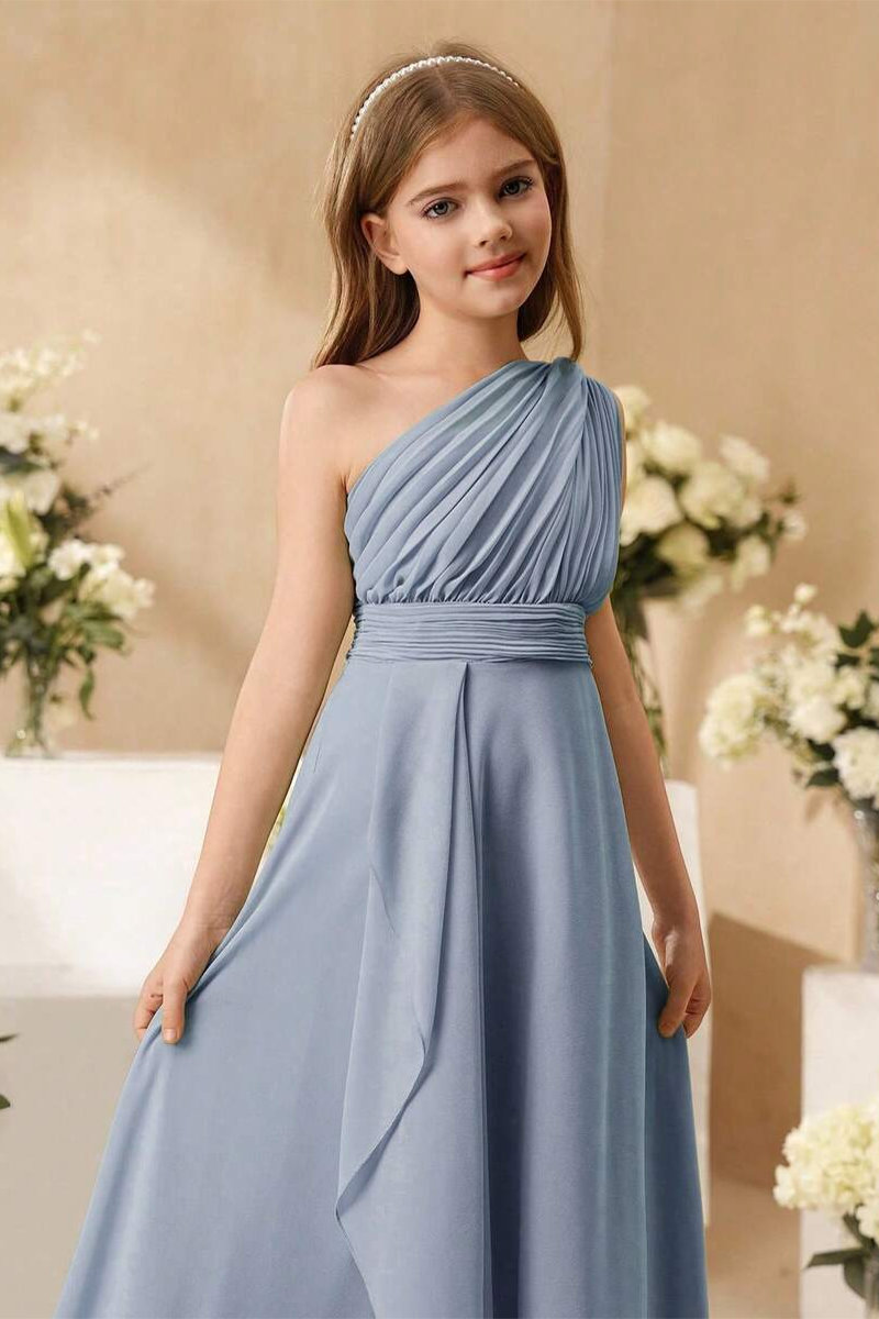 Girls Dusty Blue One Shoulder Chiffon Full-Length Dress