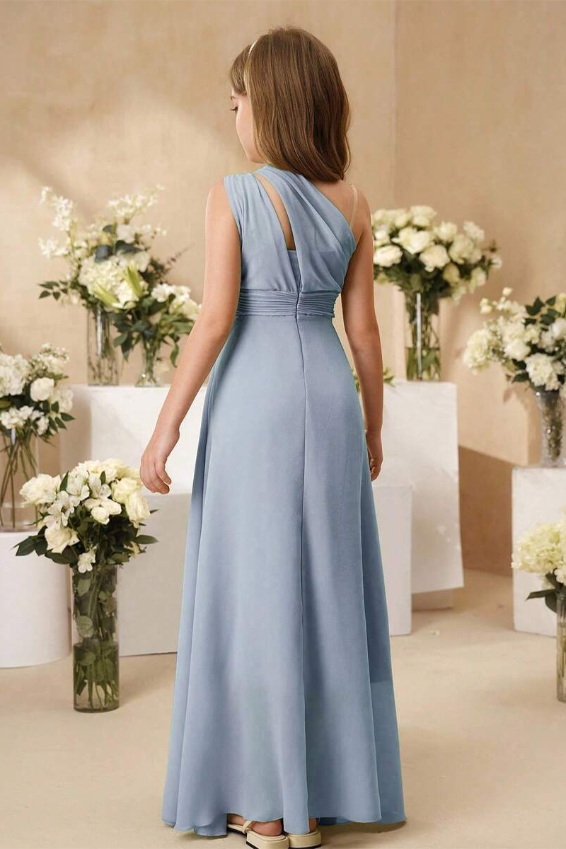 Girls Dusty Blue One Shoulder Chiffon Full-Length Dress