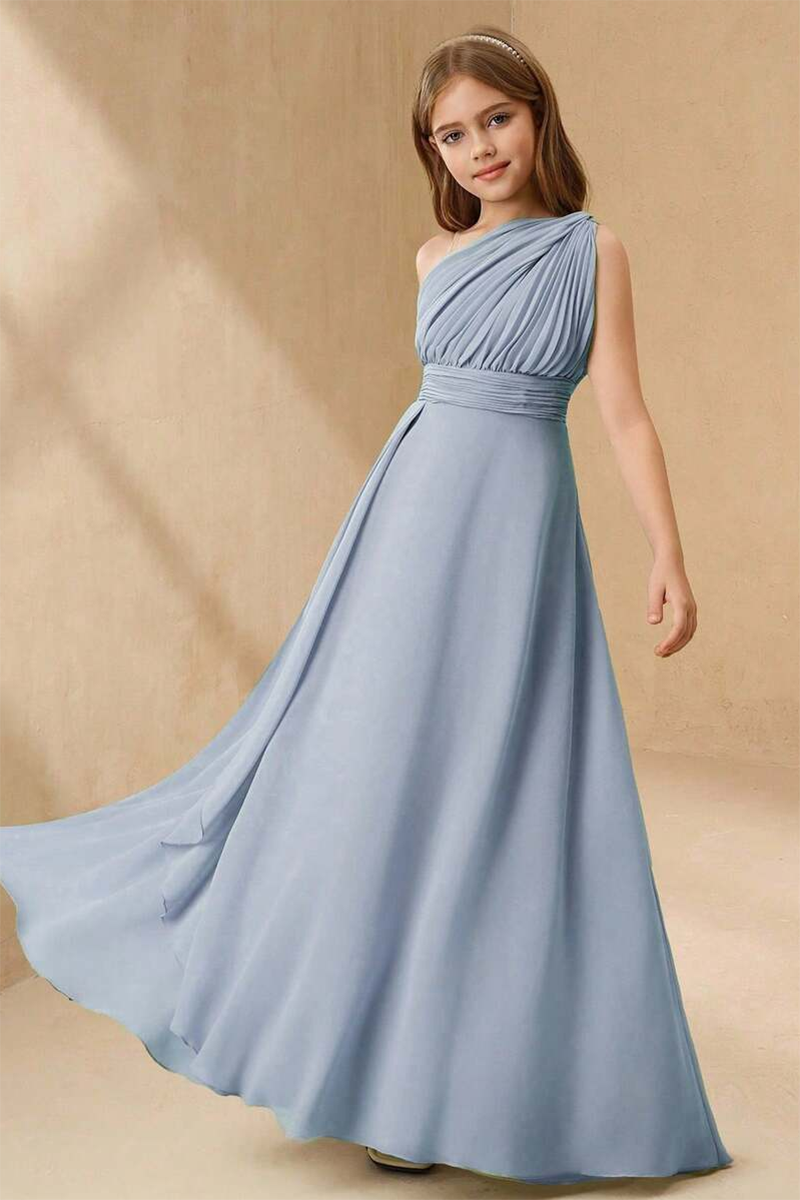 Girls Dusty Blue One Shoulder Chiffon Full-Length Dress