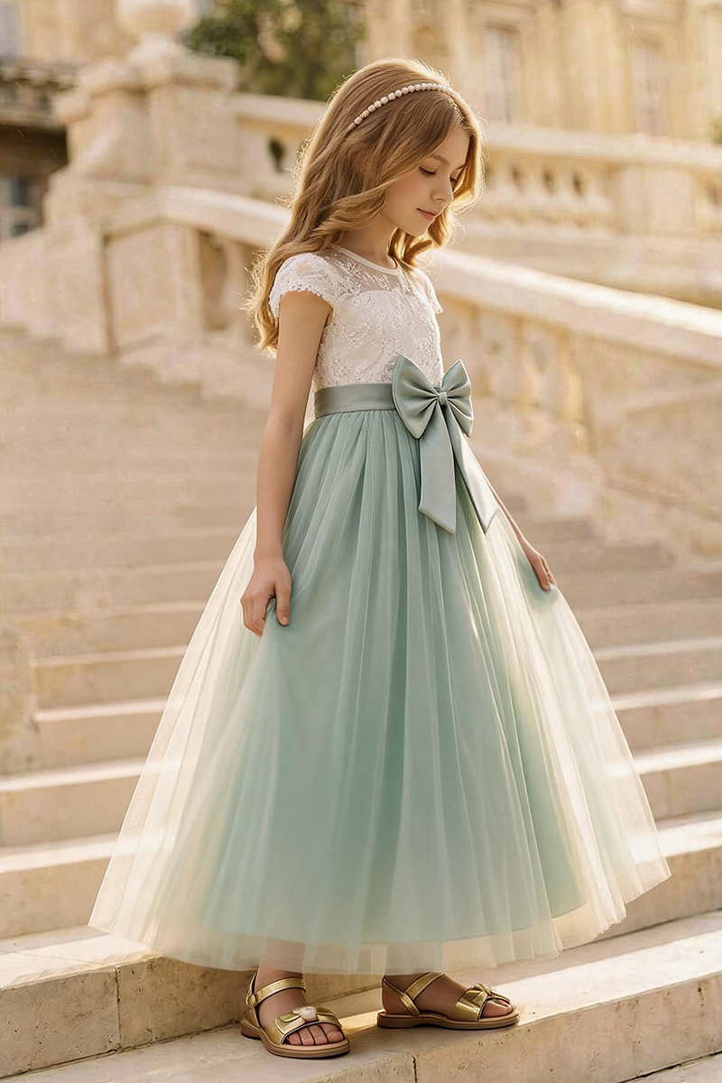 Girls White Lace Sage Tulle Maxi Dress for Wedding