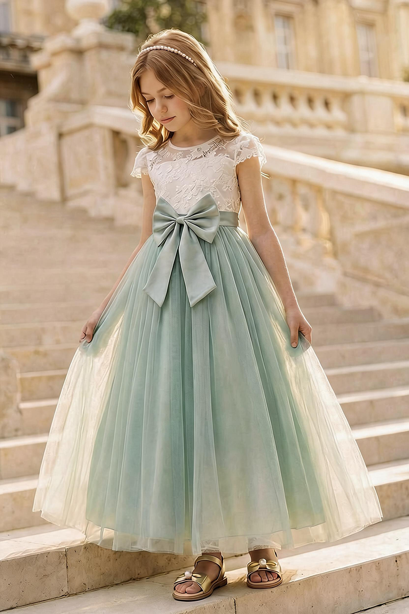 Girls White Lace Sage Tulle Maxi Dress for Wedding