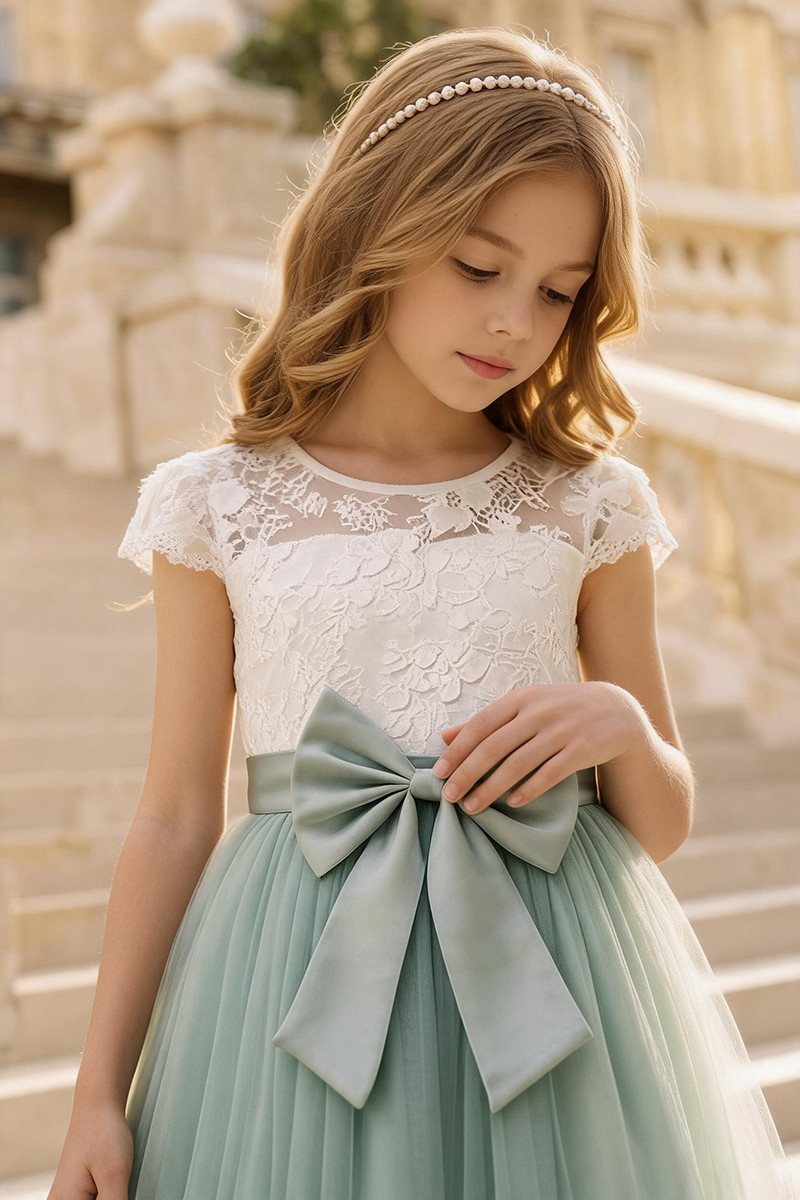 Girls White Lace Sage Tulle Maxi Dress for Wedding
