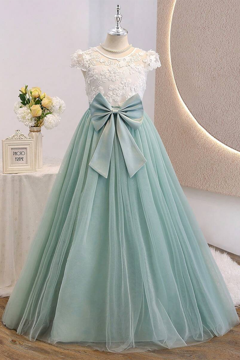 Girls White Lace Sage Tulle Maxi Dress for Wedding