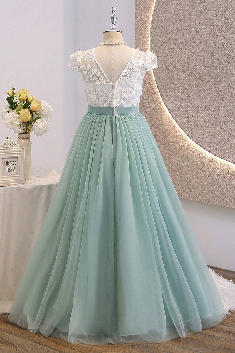 Girls White Lace Sage Tulle Maxi Dress for Wedding
